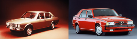 Links die Alfetta 1,8 aus dem Jahr 1973 - Rechts der Alfa 75 3,0 V6 QV aus dem Jahr 1991